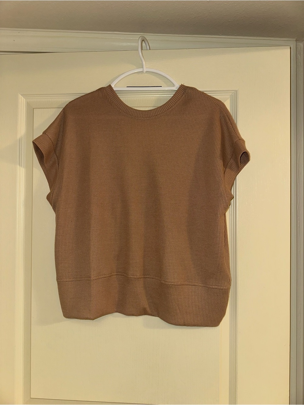 Casual Waffle Knit Short Sleeve Top - Camel